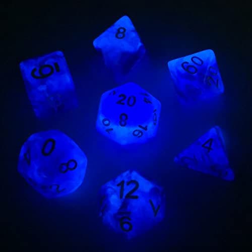 Image of Bescon Super Glow in the Dark Nebula Glitter Polyhedral Dice Set DEEP SPACE, Luminous RPG Dice Set,Glowing Novelty DND Game Dice Set, Novelty DND Game Dice d4 d6 d8 d10 d12 d20 d% in Brick Box