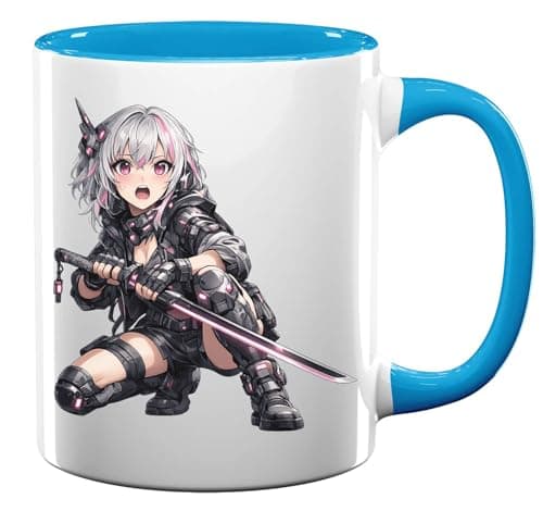 Image of Futuristic Girl with Glowing Katana Ceramic Tea Coffee Mug Light Blue