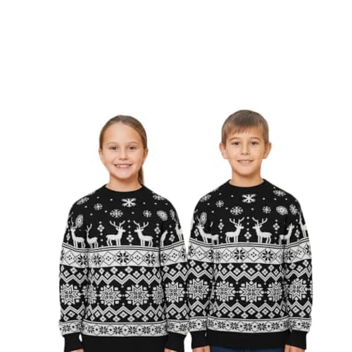 Image of HUBIBUBI Unisex Christmas Jumper with Reindeer Pattern, Festive Xmas Tree Knitted Pullover for Men, Women, Boys & Girls Kids Sizes 5-13, S-2XL (UK, Age, 11 Years, 12 Years, Kids Black)