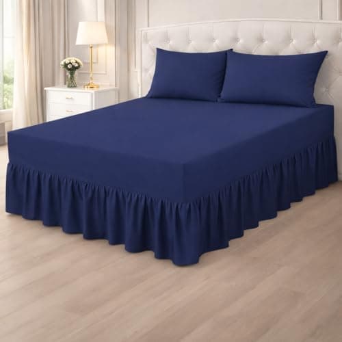Image of Plain Poly cotton Extra Deep Frilled Valance Fitted Sheets, Easy Case Fitted Valance Sheets in 14 Attractive Colors, Percale Quality Fitted Valance Sheet (Navy blue, Double)