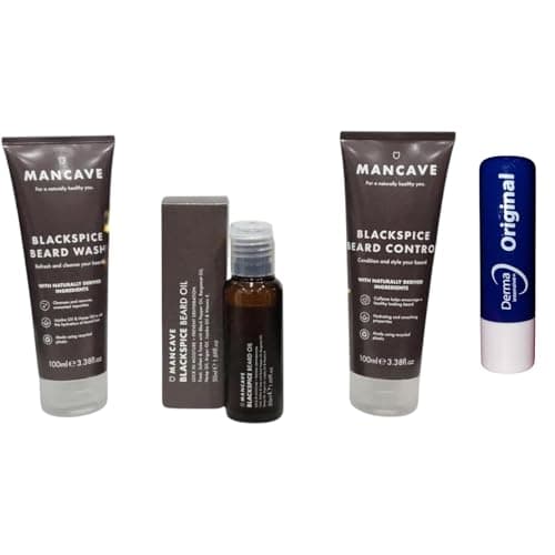 Image of Man C@ve Beard Care Trio Set – Blackspice Beard Oil 50ml, Beard Control, and Beard Wash 100ml Travel Size – Vegan Grooming Kit With Free Orignial Lip Balm