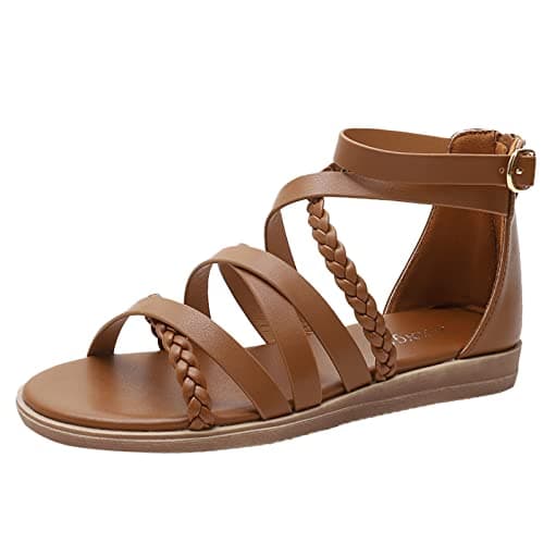 Image of Momolaa Clearance UK 6 Women Braided Strappy Gladiator Flat Sandals Roman Back Zipper Sandals Sandles Brown
