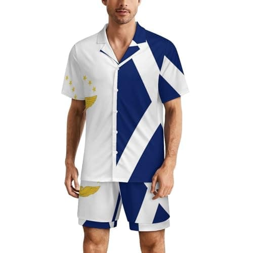 Image of Azore Scotland Flag Men's Pajama Sets Short Sleeve Top And Shorts 2 Piece Nightwear Button Down Loungewear XL