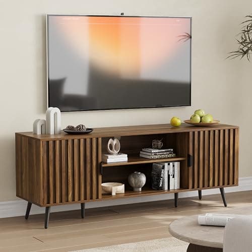 Image of Smart FENDEE 135cm TV Stand, TV Console for TV up to 55 Inch, Mid Century Modern Entertainment Center with Fluted Doors and Adjustable Shelf for Living Room, Bedroom, Walnut