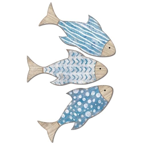 Image of Set of 3 Wooden Fish Wall Art,Ocean Themed Blue Gradient Wooden Fish Decor Vintage Blue Fish Hanging Sculptures Nautical Coastal Wall Art Decor for Coastal, Nautical Bathroom & Living Room Wall
