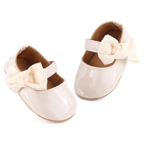 Image of LACOFIA Baby Girls First Walking Shoes Infant Mary Jane Anti-Slip Bowknot Shoes Prewalkers Beige 12-18 Months
