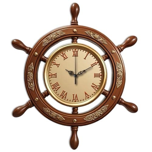 Image of CONCHLERY 12inch Navigation Wall Clock Ship's Wheel Flat Printing Irregular Flat Printing Shape Clocks Non Ticking Clock Decorative for Home Living Room Bedroom Office Decoration, 12.99x15.07 inch