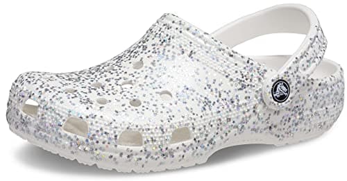 Image of Crocs Unisex Classic Clog, White and Silver Glitter, 10/14 UK