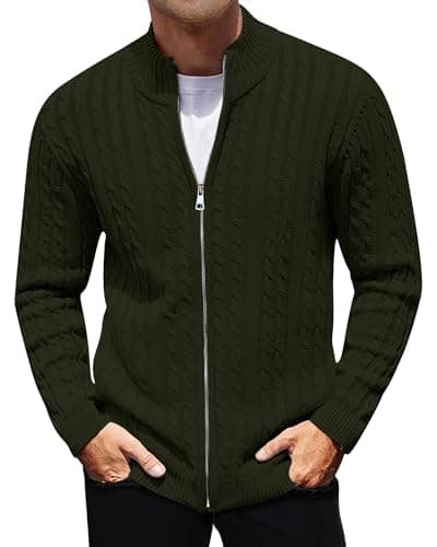 Image of AIYINO Mens Cardigan Ribbed Knit Sweater Full Zip Stand up Collar Jumpers for Men Long Sleeve Thick Pullover L Army Green