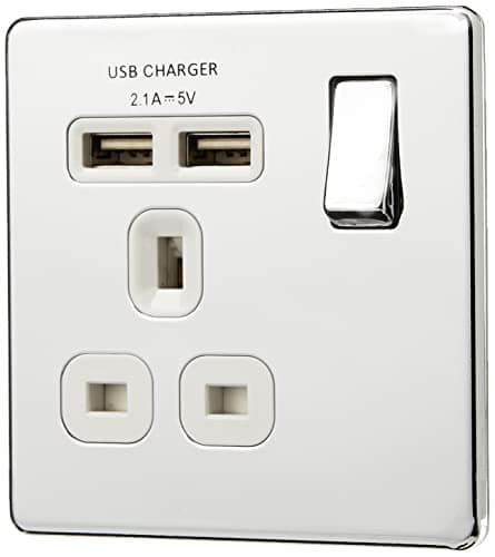 Image of BG Electrical fpc21u2w 2.1 A Masterplug Single Socket with 2 x USB, Polished Chrome White Insert