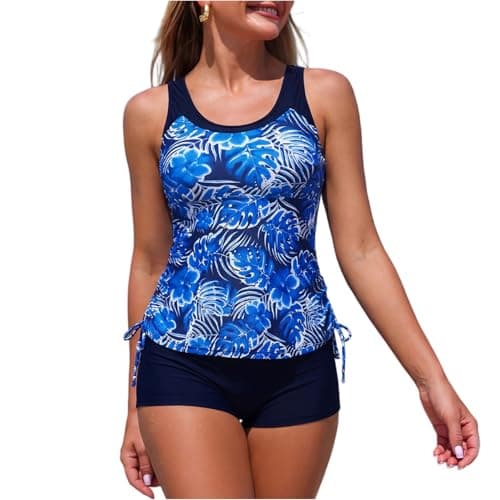 Image of Two Piece Swimsuit Women Sports High Waisted Athletic Floral Print Tankini Ladies Swimming Costumes Push Up Tummy Control Round Neck Swimsuit Bathing Holiday Blue L
