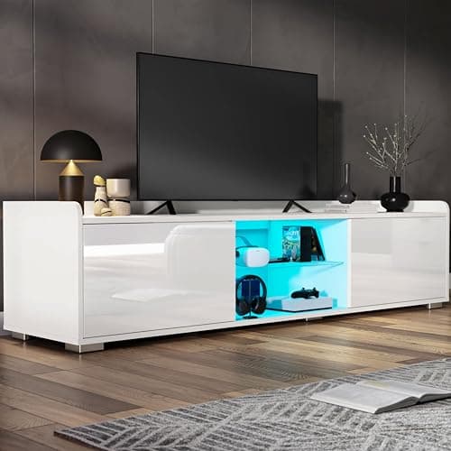 Image of Blisswood 160cm Large White TV Unit – Modern LED TV Stand Cabinet with 20-Colour Remote-Controlled Lights, High Gloss Doors, Glass Shelf, Side Cupboards & Storage, Suitable for 55–65” TVs