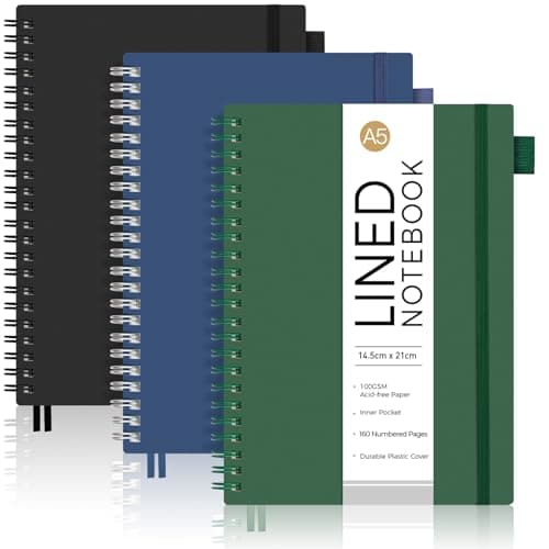 Image of AUTEMPO A5 Notebook Lined, 3 Pack Notepad Wirebound Spiral Notebooks 80sheets/160 Pages for Writing, 100gsm Thick Paper, PVC Cover, for Women Men Work Office School, 14.5 x 21cm, Black,Green,Blue