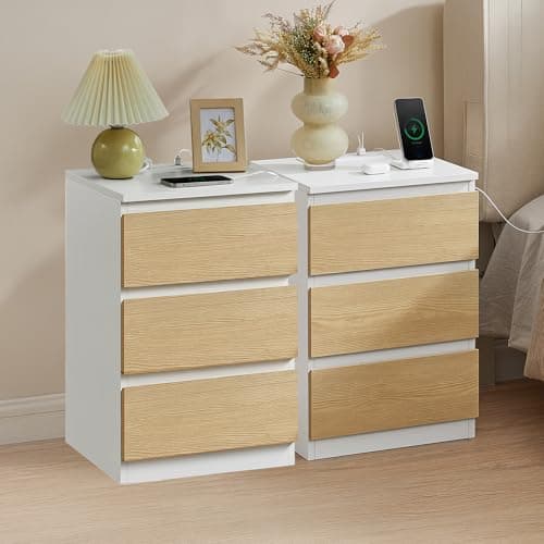 Image of VASAGLE KAILYN Collection - Bedside Tables with Power Strip, Set of 2 Side End Tables with Drawers, 2 AC Outlets, 2 USB Ports, for Living Room, Bedroom, Study, Cloud White and Almond Yellow LET831Y02