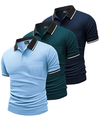 Image of SwissWell 3 Pack Mens Polo Shirts Short Sleeve T Shirts for Men Adult Golf Polo Shirt Outdoor Breathable Tee Work Sports Tennis Multipack Tops Moon Blue+ Navy Blue+ Cyan Blue L