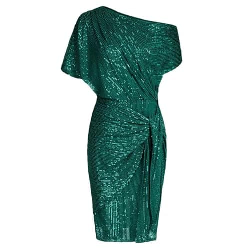Image of Black Dress Dresses for Women Women's Sequin Sparkly Glitter Dress One Shoulder Ruched Bodycon Fashionable Temperament Comfortable Simple Elegant Plain Colour