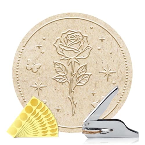 Image of ANATTASOUL Flower Book Embosser Personalized Roses Pattern Book Stamp, Durable Library Stamp with Handle Set for Paper, Books, Envelopes, Invitation, Certificate, Gifts(100Pcs Gold Foil Stickers)