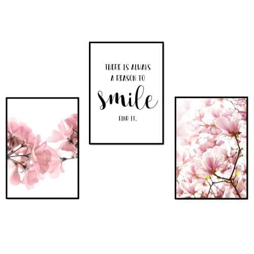 Image of Set of 3 Framed Scandinavian Flower Canvas Poster Pink Magnolia Floral Print Painting Nordic Smile Quote Art Wall Pictures for Living Room Office Bedroom Home Decor Girls Room