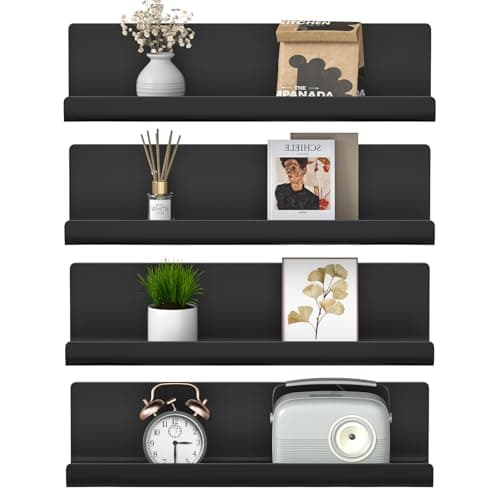 Image of WELDUN Floating Shelves, Set of 4 Wall Mounted Shelf, Picture Ledge Display, Decorative Wall Shelves for Living Room, Bedroom, Bathroom, Kitchen, Home Office, Laundry room, Plastic, Black