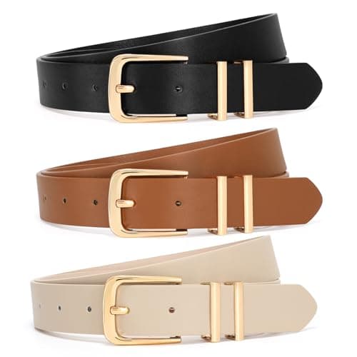 Image of JASGOOD 3 Pack Women's Leather Belt with Gold Buckle Ladies Waist Belts for Jeans & Pants (Black/Brown/Beige) - Size M