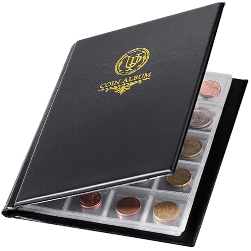 Image of 200 Pockets Coin Album - Coin Collecting Book with 10 Pages, 33x33 mm Grid Holder for Pounds Pence Cents Dollars Nickel (Black) CS48200BK