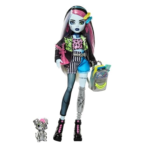 Image of Monster High Frankie Stein Doll in Denim Jacket and Shorts, Includes Pet Dog Watzie and Accessories Like a Backpack, Snack and Notebook