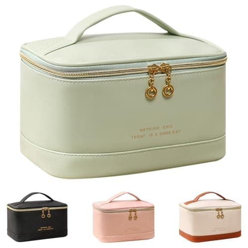 Image of Large Travel Makeup Bag for Women Waterproof PU Leather Toiletry Bag Portable Make Up Organiser with Handle Cosmetic Case with Makeup Brush for Ladies (Green)