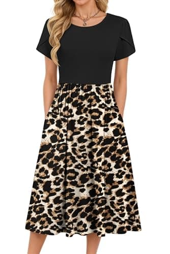 Image of MOLERANI Women's Dresses - Petal Short Sleeve Round Neck Dresses Ladies Casual Swing Midi Dress Holiday Beach Dress with Pockets Brown Black Leopard M