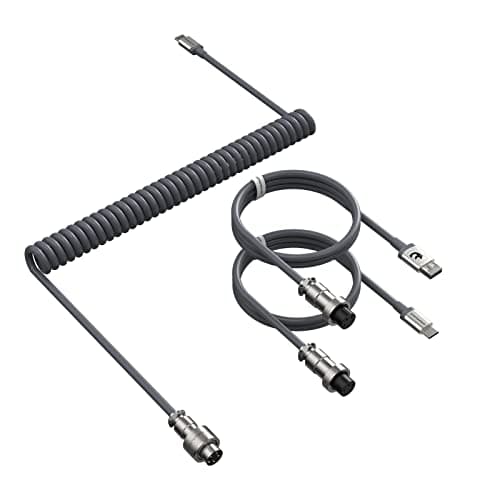 Image of ATTACK SHARK Custom C04 2 in 1 Coiled USB C Cable,USB-A to Type-C/Type-C to Type-C with 5 Pin Detachable Metal Aviation Plug,Double Sleeve Spiral Extendable TPU Cable for PC/Keyboard/Mouse/Phone-Grey