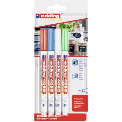 Image of edding 4085 chalk marker - red, white, blue, green (basic) - 4 chalk pens - round tip 1-2 mm, wet wipe pen for chalkboards, windows, glass, mirrors - liquid chalk marker pens for opaque coverage