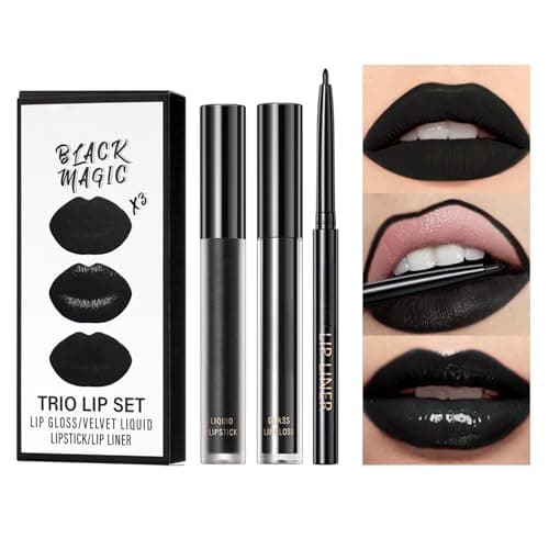 Image of 3Pcs Black Matte Liquid Lipstick & Lip Liner Set | Moisturizing Velvet Non-Stick Cup Lip Gloss Waterproof Lip Stain for Party Cosplay Makeup