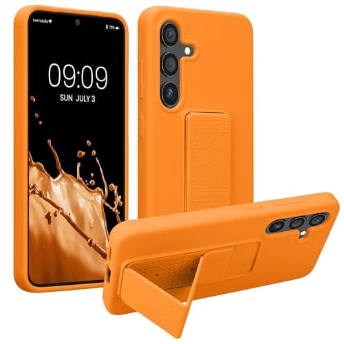 Image of kwmobile Case for Samsung Galaxy S24 Case - Soft TPU Cover with Silicone Coating - With Hand Strap and Stand Function - Shockproof - Fruity Orange