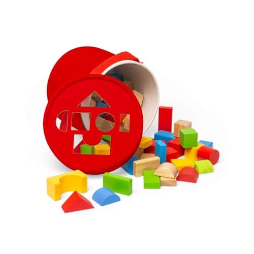 Image of Bigjigs Toys First Building Bricks - 80pcs Wooden Blocks with Shape Sorter Activity, Educational & Eco Friendly, Montessori Gifts For Babies & Toddlers, Age 0 Months +