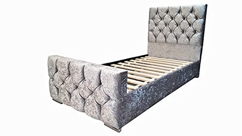 Image of Hi-Q Furnishings Alice Upholstered Diamante Single Bed Frame in Crushed Velvet Fabric (Silver)