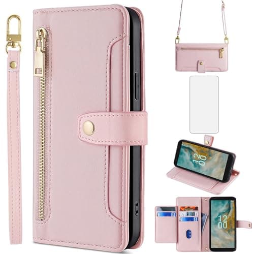 Image of Asuwish Phone Case for Nokia C02 Wallet Cover with Tempered Glass Screen Protector and Zipper Card Holder Slot Magnetic Kickstand Leather Accessories Protective C 02 02C NokiaC02 G5 Women Rose Gold