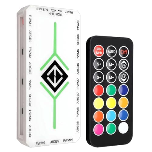 Image of 2 in 1 ARGB Fan Hub with Controller 9 Ports 4-Pin PWM Fan Connector 9 x 5V 3-Pin ARGB Ports RGB PC Case Hub with Magnetic Base SATA Power Cable Remote Adjustable Speed Optimized Airflow White