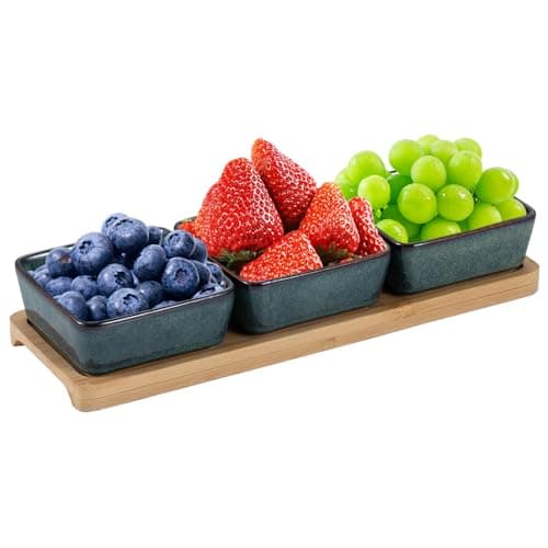 Image of Set of 3 Dip Bowls with Wooden Board - 9 x 9 x 3.5 cm Dip Bowls, Serving Bowls Set, Snack Appetizer Bowls Set, Dessert Small Serving Bowls, Perfect for Tapas, Dips, Cheese & Snacks (Denim Blue)