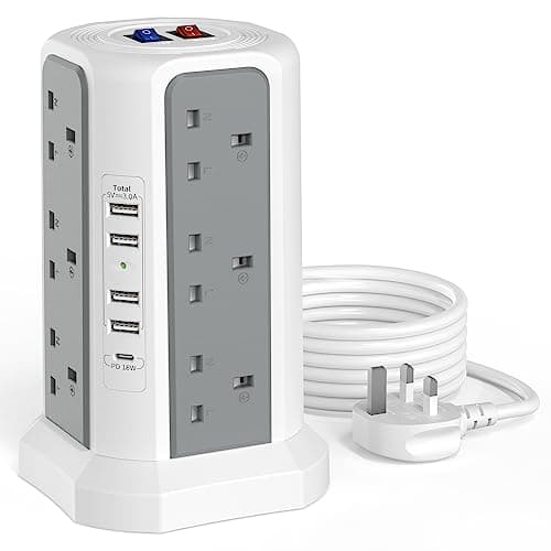Image of Tower Extension Lead with USB Slots and 18W USB C Fast Charger, (13A 3250W) 5 USB Ports and 12 Way Extension Tower, Surge Protected Extension Cable for Home, Office (Grey and White, 1.8M)