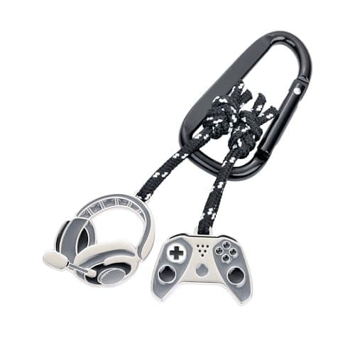 Image of TROIKA Gaming Keyring with Carabiner Hook - 2 Pendants on Decorative Climbing Rope: Controller and Headset - Cast Metal - Chrome Plated - Grey, Black, Silver Original, gray, 10 x 5,8 x 0,7 cm