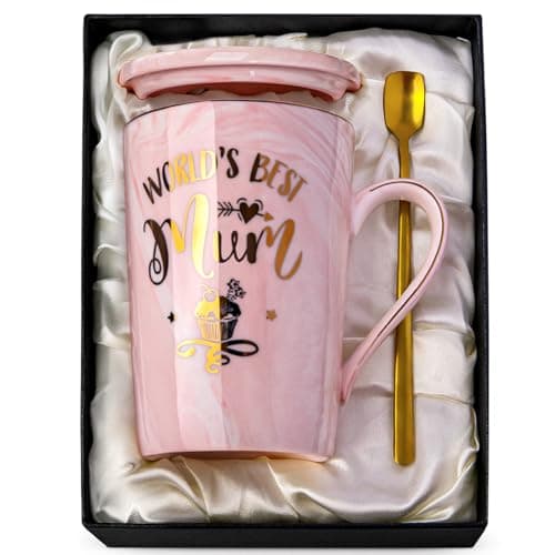 Image of Doublewhale Gifts for Mum from Daughter Son - World's Best Mum Coffee Mug - Mums Birthday Gifts for Mummy, 14Oz Ceramic Coffee Cup Gift Set with Gold, Lid, Spoon, Card, Exquisite Box