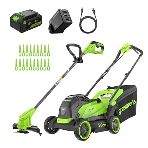 Image of Greenworks 24V Lithium‑Ion Cordless Lawnmower 24V, 33cm Cutting Width, up to 280m², plus Cordless Grass Trimmer with Automatic Feed Head, includes 1 x 4Ah Battery & Charger – MTCK24B410‑01