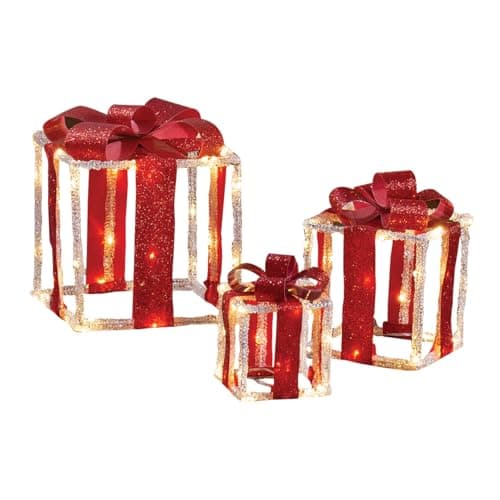 Image of The Christmas Workshop Light-Up White & Red Gift Boxes/Set of 3 Different Sizes/Warm White LED Lights/Timer Function/Battery Powered (74489)