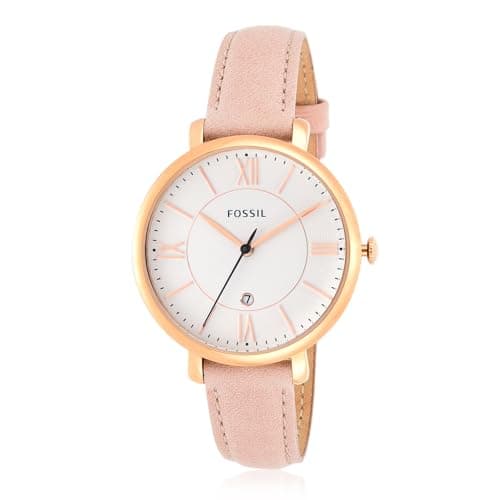 Image of FOSSIL Jacqueline Leather Watch – Analogue Women's Quartz Wrist Watch with Date Function in Gift Box - Rose Gold Stainless Steel Case
