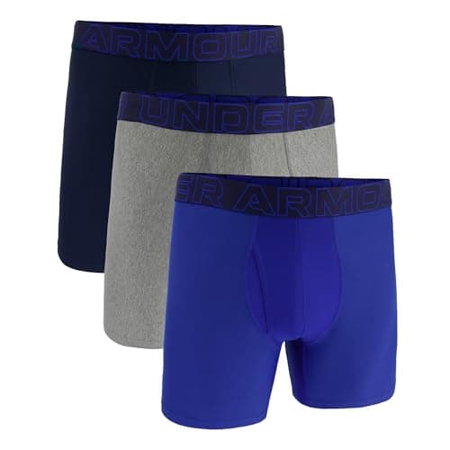 Image of Under Armour Men's 3-Pack Performance Tech Boxer Brief, 6" Inseam – Breathable, Moisture Wicking, Soft Touch, All-Day Comfort, Black/Blue/Grey, L