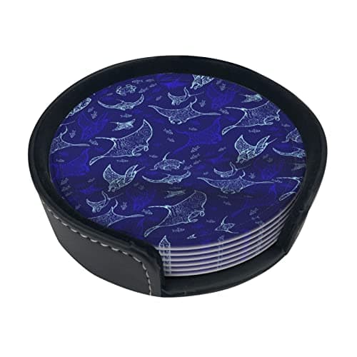 Image of Coasters Set Of 6 Manta Ray And Fish Print Leather Coasters For Drinks,Home Décor And Housewarming Gift