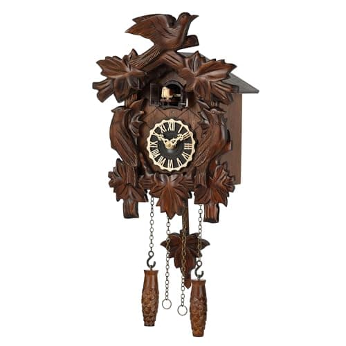 Image of Kintrot Cuckoo Clock, Traditional Black Forest Handcrafted Wooden Quartz Clock for Wall Antique Decroration with Maple Leaf Pendulum, 12 Melodies, Night Sensor and Singing Bird