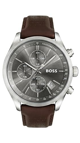 Image of BOSS Men's 43mm Chronograph Quartz Watch Grand Prix Collection with Grey Sunray Dial, Brown Perforated Leather Strap, Date Function, 3ATM Water Resistance - 1513476