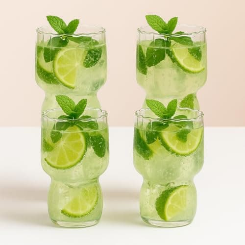 Image of Eden & Willow Set of 4 RippleWave Ribbed Glass Drinking Cups - Borosilicate Glassware for Hot & Cold Beverages - Dishwasher Safe - for Coffee, Juice, Cocktails & Desserts (400ml)