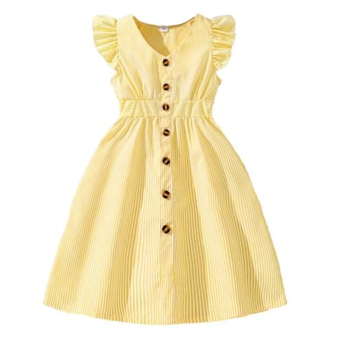 Image of Adixun Girl Dress Striped Short Sleeve Dresses A-line Party Summer Dress for Kids(Yellow,6 Years)