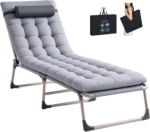 Image of TRIOBLADE Heavy Duty Folding Garden Sun Lounger 22mm Steel Frame Support 264lbs 4-Position Adjustable Folding Chaise with Pillow Sun Bed with Cushion For Beach, Garden, Pati (Without sunshade, Grey)